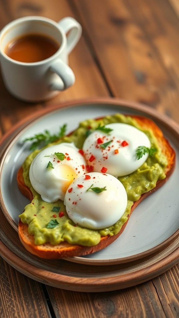 Savory Brunch Snap Recipe Toasted bread topped with avocado and poached eggs, garnished with herbs and red pepper flakes.
